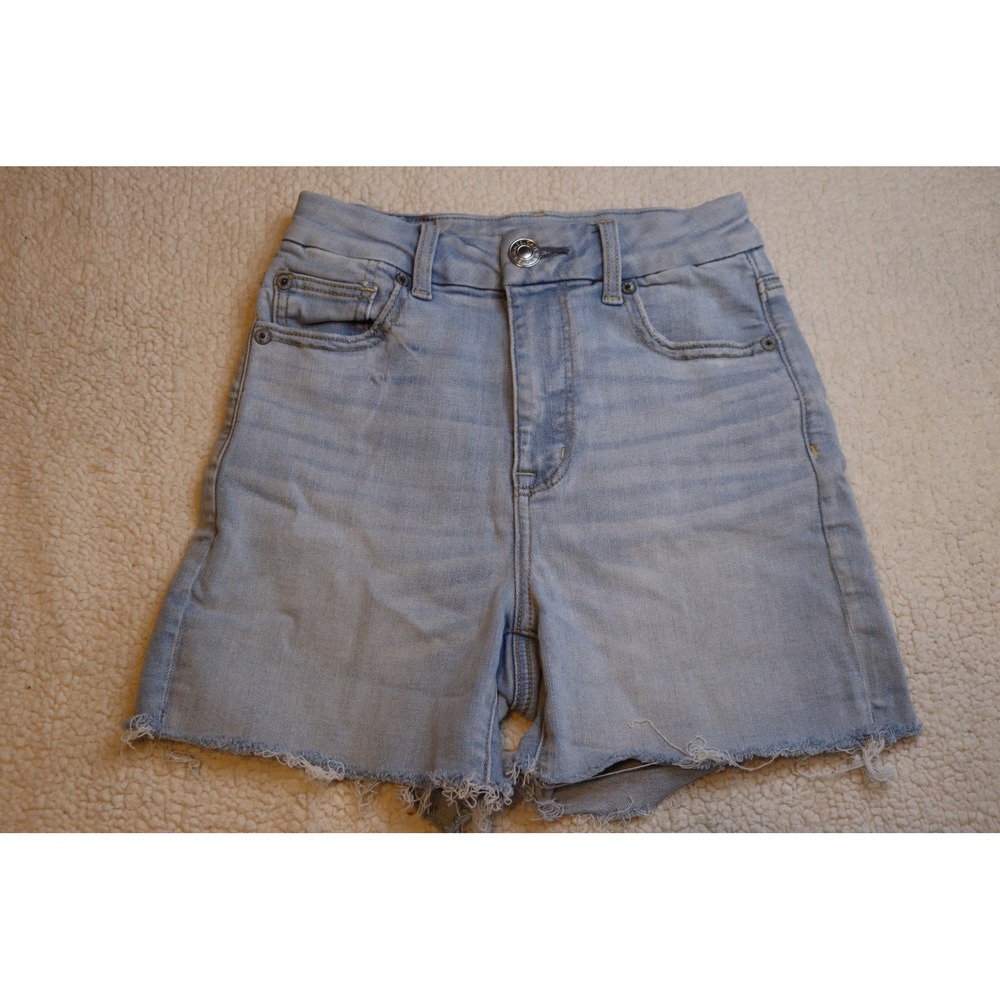 American Eagle Next Level Stretch High Waisted Raw Hem Denim Shorts Light Wash 0